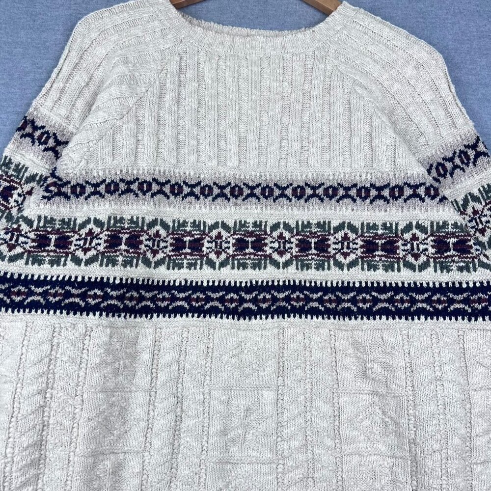 Chaps Ralph Lauren Mens Large Cotton Silk‎ Fair Isle Cable Knit Sweater Cream L